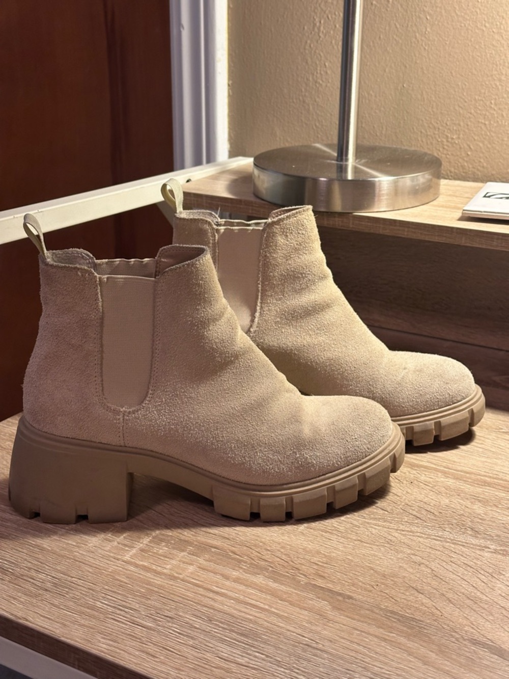 Women's Steve Madden Chunky Chelsea Ankle Boots in Beige Suede